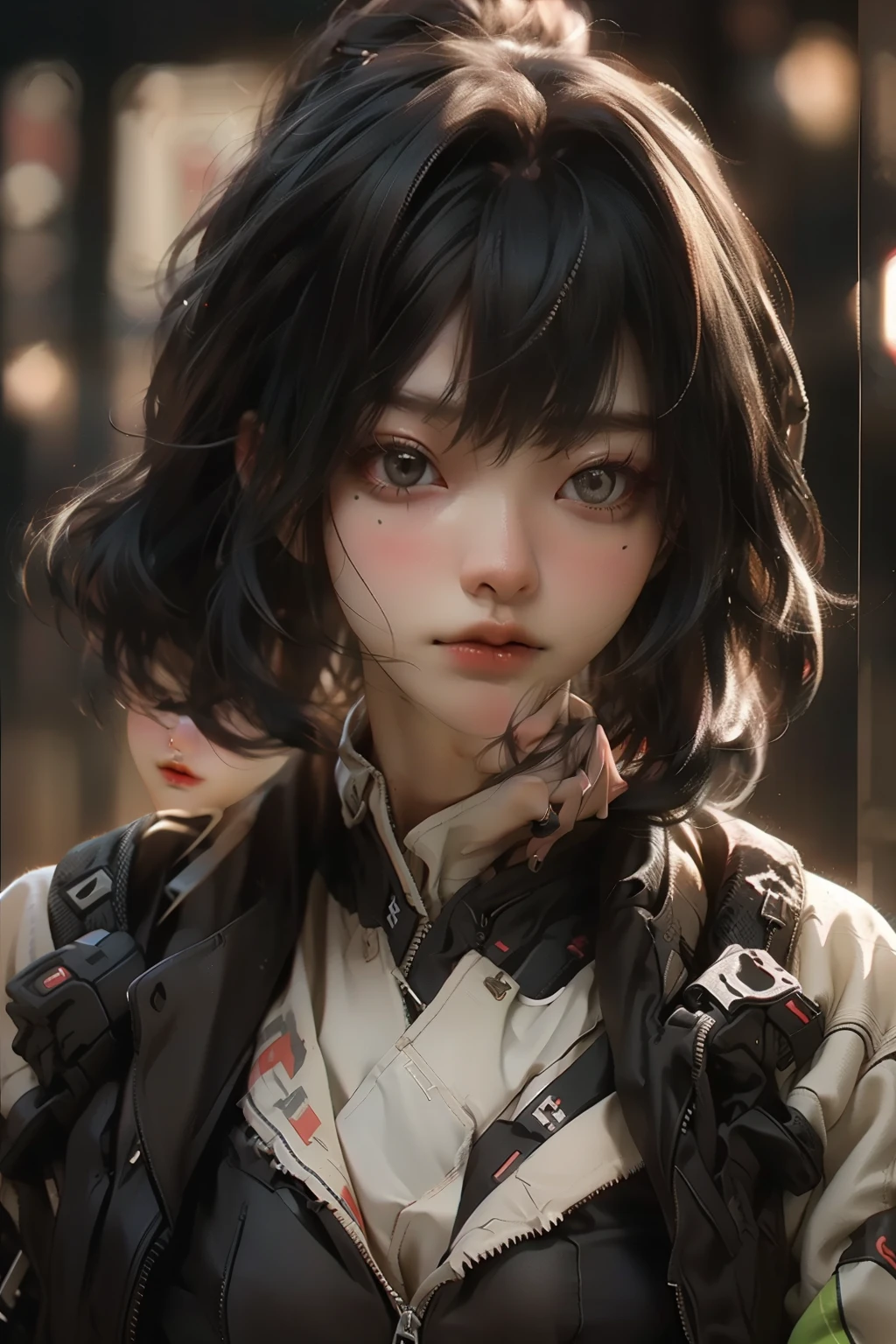 ((best quality)), ((Masterpiece)), (details:1.4), 3d, Image of a beautiful cyberpunk woman., HDR (high dynamic range), mature woman, Curtain Bangs, Black hair, white eyes, SWAT uniform, PBR surface, After processing, Anisotropic filtration,depth of field, Maximum clarity and clarity, multi-layered surface, perfect proportions, 8K raw files, cyberpunk, at night, ผมหลายชั้น,  กระโปรงสั้น, natural lighting, soft lighting, sunlight, หน้าอกใหญ่,