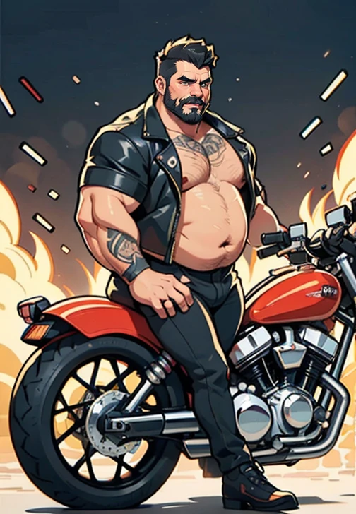 He Is Standing Next to the Motorcycle, Just plump, chubby, extremely thick thighs, large belly, fat, long beard, huge long beard, full body tattoos full body photography full body image, They don't wear clothes, firing , naturists, just unbuttoned black leather biker jacket, Welcome to the world of Harley Bikers, where the culture of choppers and easy riders come together in a brotherhood of men who find their passion for motorcycles a form of freedom and personal expression