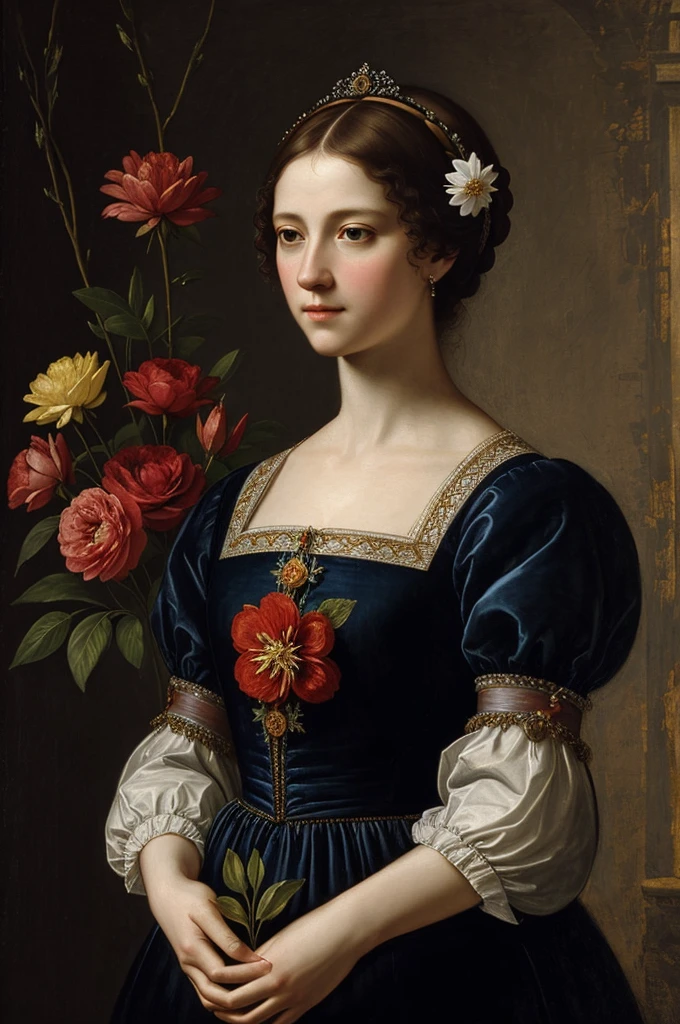 Realistic masterpiece woman with elegant dress and looking down holding some colorful flowers all very realistic and detailed renaissance painting style with background Very dark baroque style lights and shadows rembrant style