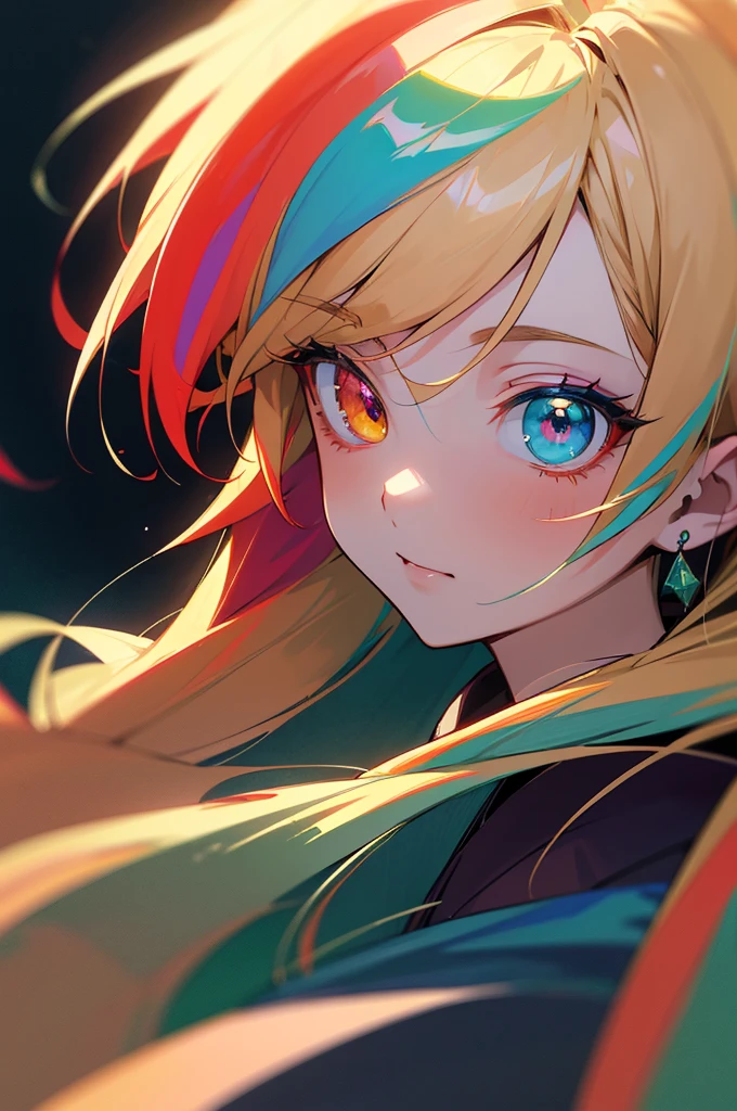 ((best quality)), ((masterpiece)), (detailed), perfect face, tradional blue kimono, multicolored hair, long hair, split half red hair and other half blonde, hair behind ear, multicolored eyes, heterochromia, emerald green eye and deep violet eye, anime, anime, anime style, 8k, super detail
