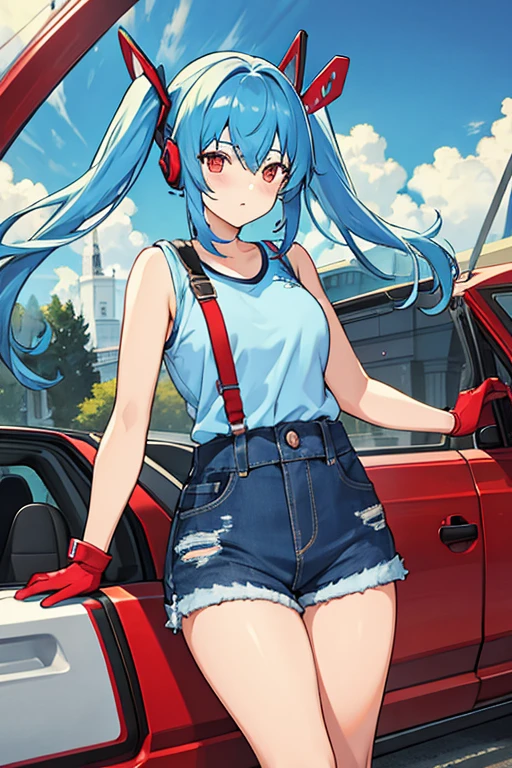 women, hair in two blue pigtails, red headphones, blue shirt, denim tank shorts, red gloves