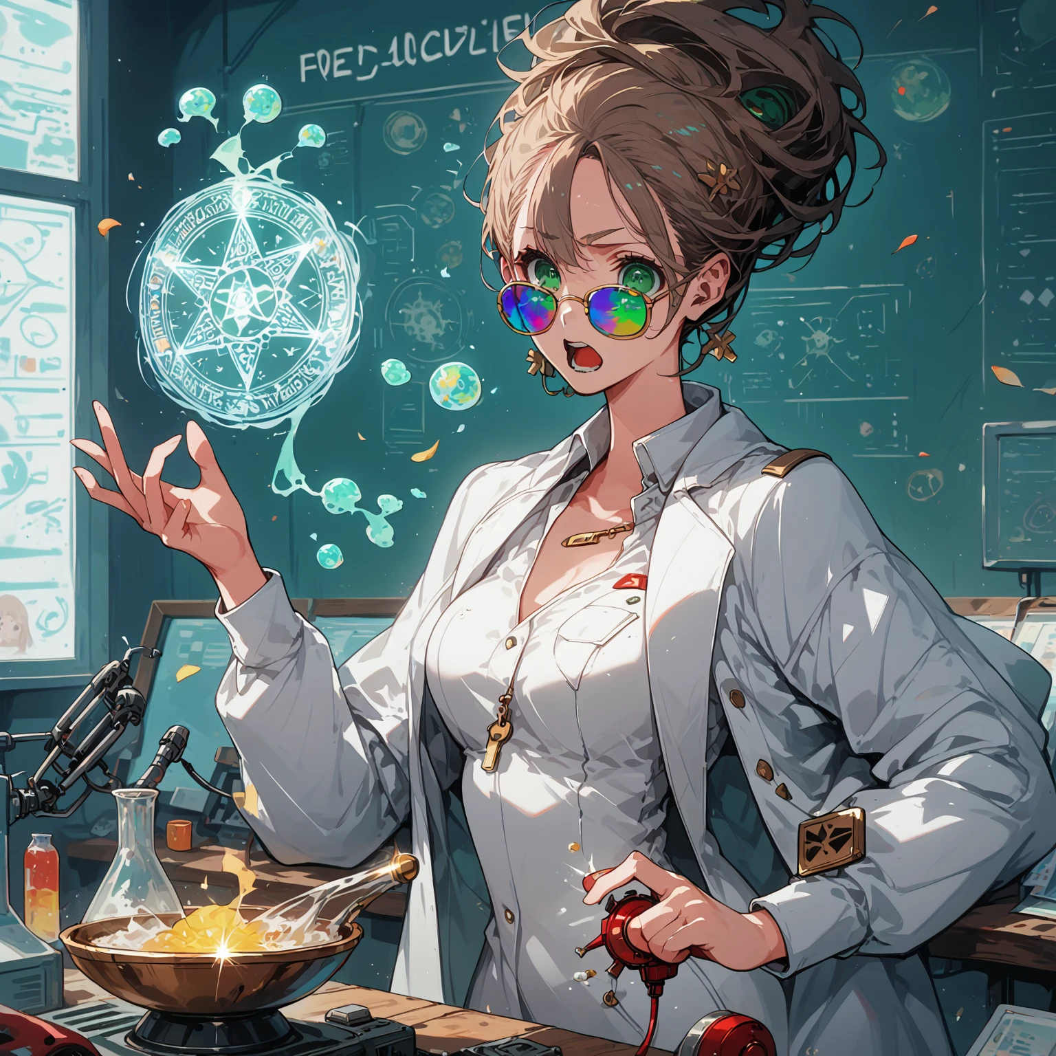 a very beautiful woman , random hair style, form-fitting suit, white lab coat, sunglasses, green eyes, in a laboratory, chemicals on the table, boiling potions, wearing sun glasses, she has the super power alchemize, she can turn wood to metal, and rubber into gold, her expression is Confused/Puzzled: Squinted eyes, raised eyebrow, tilted head, slightly open mouth, magic circle, magic power, casting spell, metal rod, gold and other tiny substances floating around her, (nude:0.9), NSFW,  detailed gorgeous face| anime style| key visual| intricate detail| highly detailed| breathtaking| vibrant| panoramic| cinematic| Carne Griffiths| Conrad Roset| gibbli 8k