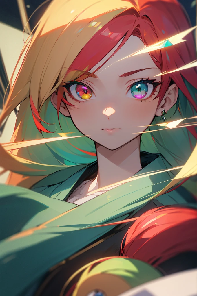 ((best quality)), ((masterpiece)), (detailed), perfect face, tradional blue kimono, multicolored hair, long hair, split half red hair and other half blonde, hair behind ear, multicolored eyes, heterochromia, emerald green eye and deep violet eye, anime, anime, anime style, 8k, super detail