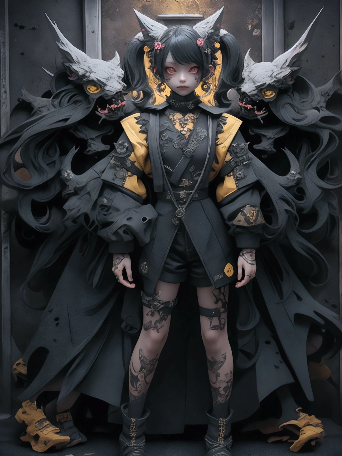 whole body,Standing posture,Model pose,masterpiece, image color: Black and Yellow, Emphasize yellow,(Beautiful young vampire woman, Pale skin, Gothic, Still proud、intense, Loose and fluffy black twin tails,Long Hair, Dark look, Wearing a very elaborate dark tunic,Shorts,boots, Dark atmosphere, but、Sculpting shapes with chiaroscuro), Detailed Background, Dim lighting, Volumetric lighting, Nijiro Rawolf