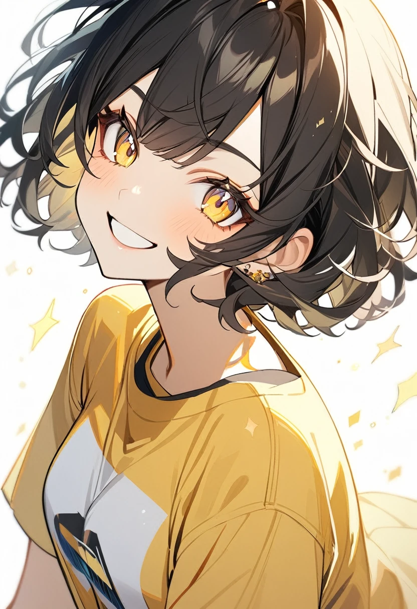 1girl, soght yellow eyeliner, look at viewer，from side，sparkling light yellow eyes，white background，((short perm black hair))，wink smile，yellow t-shirt，big Smile