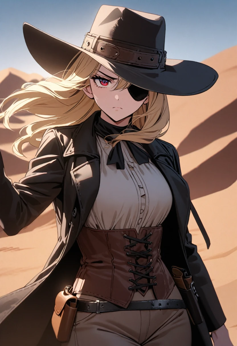 Mature woman, perfect eyes, long blondie hair, straight bangs down, red eyes, waved hair, straight and narrow eyes, eye patch, gunslinger, outlaw hat, (outlaw clouthes), (black overcoat), in the desert, holster, desert eagle, old west, serious woman, corselet, beautiful.