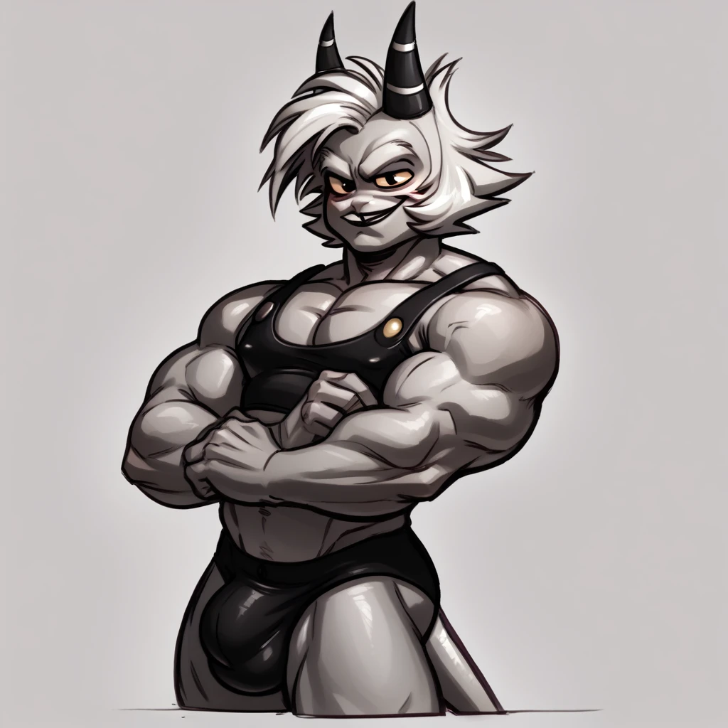 scarlet skin,Male focus,white hair, flat chest,Moxxie, Black underwear,big bulge,bulge,80’s,fashion,y, long hair,pretty boy,imp,gay,glorious,badass,punk,buff,muscular,flexed ,chad,brute,brutification,close up,rpggoblin,hunk,bara,jirou,fullbody 