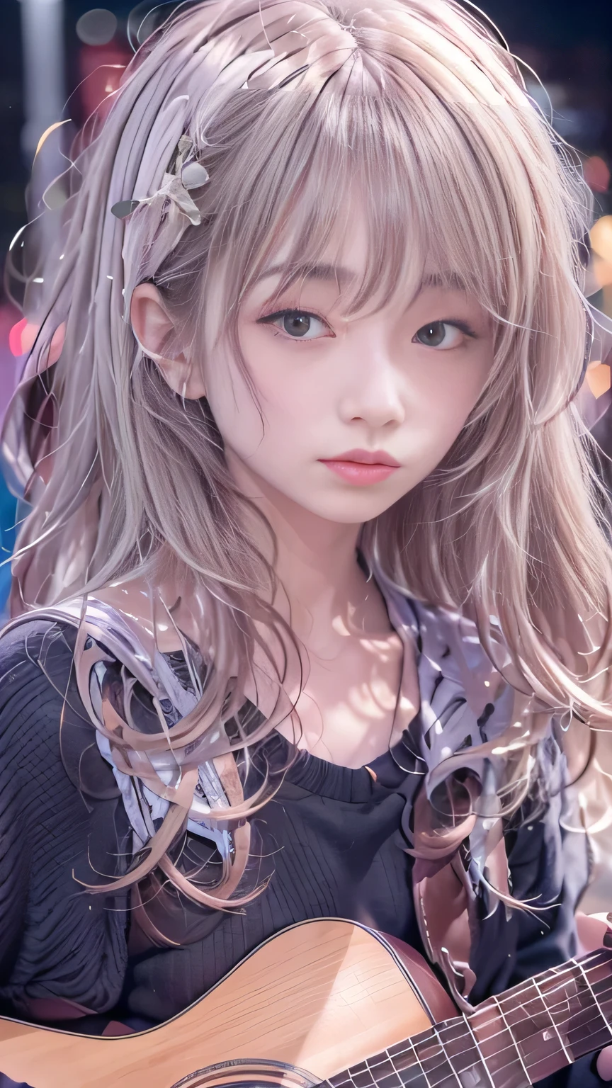 Singing on a street corner at night,A fragile singer,Tsurime,Detailed face，Detailed face，Cool color makeup,People who cry when they hear the song,The audience stopped to listen, Smooth Hair，Fine hair，Very fine hair，A fragile girl,Girl playing the guitar,In detail、Smooth Hair，Fine hair，Very fine hair,