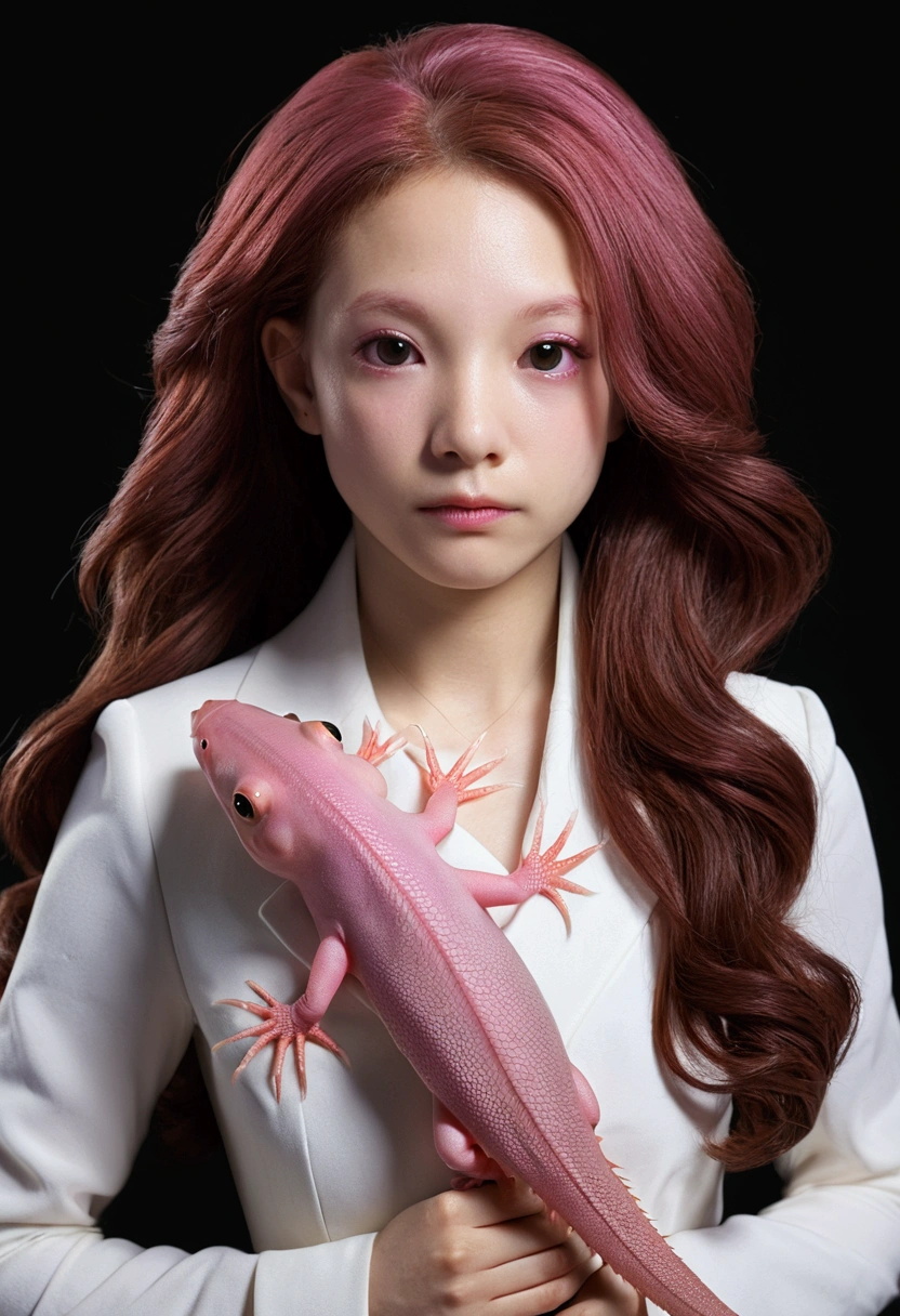 1woman, high definition, ((axolotl)), ((axolotl gills)), ((pink skin)), big purple eyes, ((long brown hair)), (((axolotl tail))), beautiful intricate details, dramatic lighting, anime (((no axolotls)))