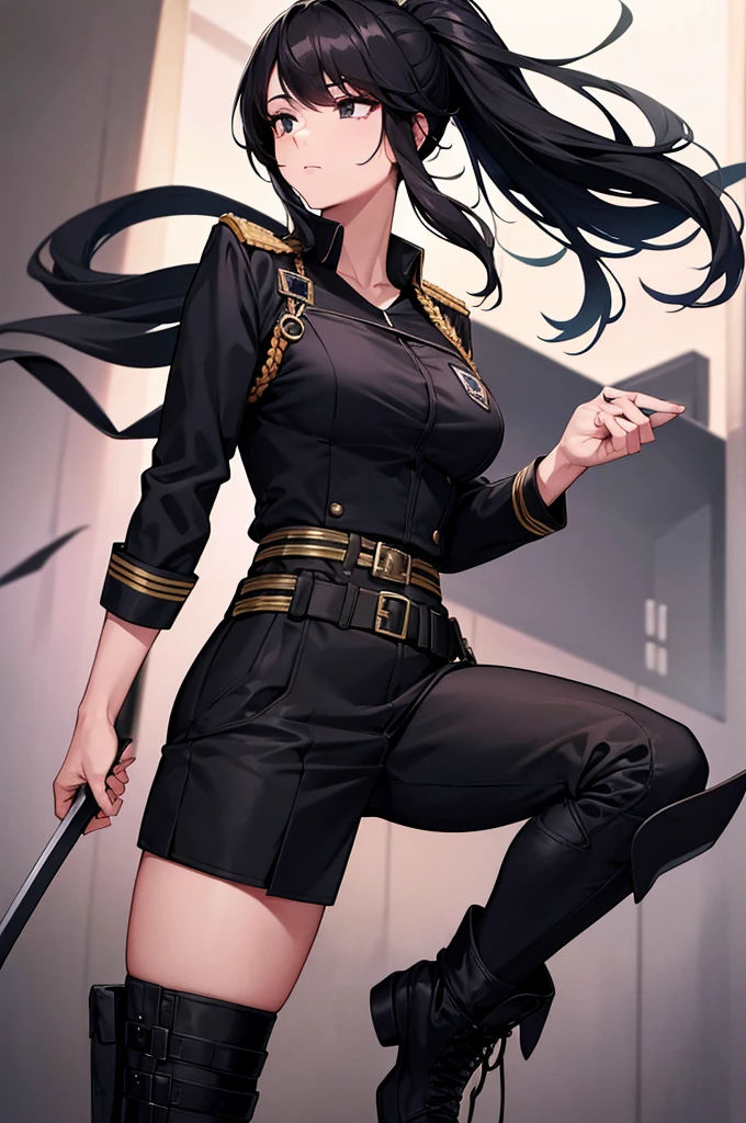 Beautiful images,Official image,One Woman,Beautiful black hair,Beautiful and detailed black eyes,ponytail,Beautiful five fingers,Ergonomically correct hand,Black Combat Officer Uniform,Black boots,stand.Carrying a sword