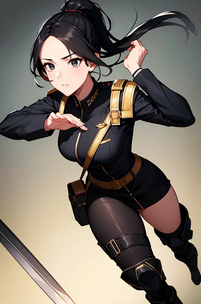 Beautiful images,Official image,One Woman,Beautiful black hair,Beautiful and detailed black eyes,ponytail,Beautiful five fingers,Ergonomically correct hand,Black Combat Officer Uniform,Black boots,stand.Carrying a sword