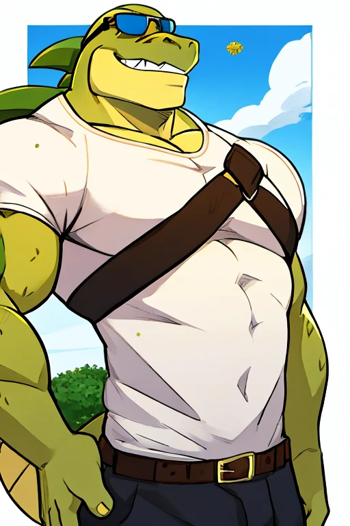 Muscular green and yellow crocodile, pollen, Sunglasses, white shirt with straps