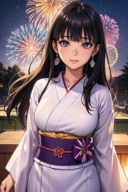 #Basics A girl is posing for a photo, animeのかわいい女の子, ((One Girl)), (((:1.2)) + ((cute:1.3))),
break
#Clothing Accessories
(((Purple and white)yukata) : Geometric pattern + the skirt is long + Blue Belt + Long sleeve + Wide sleeves),
((Red earrings)),
break
#Features
(((Black Hair)), ((blunt bangs)), Hair blowing in the wind, (Long Hair : Straight hair + Thin Hair)),
((Droopy eyes:1.4, Big eyes:1.2), blue eyes), (Small breasts), (Brown skin),
break
#background environment
((evening + The setting sun shines + Japanese garden)),
#Facial Expression Pose
(smile), ((Looking up at the fireworks)),
#composition
((Face the camera, (Focus from the front), Cowboy Shot)),
break
#Body parts elements
(Slim figure),
(Detailed Hair, Beautiful Hair, Shiny Hair),
(double eyelid, Long eyelashes),
(Expression of fine eyes, Beautiful and delicate eyes, Sparkling eyes, Eye Reflexes, Glitter Eyeliner),
(Human Ear),
(Beautiful Nose, Thin Nose),
(Glossy Lips, Beautiful Lips, Thick lips), (Symmetrical facial features),
(Detailed skin, Textured skin, Beautiful Skin, Oily skin),
break
#Quality Image Quality Common
(((Highest quality)), ((masterpiece)), ((Very detailed))), ((Ultra-high resolution)), ((16K, 1080P)), ((FHD)),
(Anatomically correct), (Realistic), (3DCG), (oil),
#Quality image illustration
((comics, anime)), CG illustration,