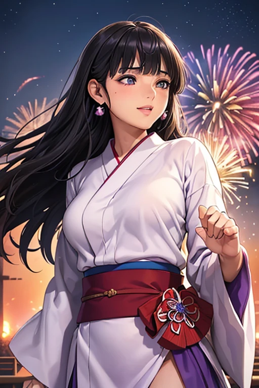 #Basics A girl is posing for a photo, animeのかわいい女の子,  ((One Girl)), (((Baby Face:1.2)) + ((cute:1.3))), 
break 

#Clothing Accessories 
(((Purple and white)yukata) : Geometric pattern + the skirt is long + Blue Belt + Long sleeve + Wide sleeves), 
((Red earrings)), 
break 

#Features 
(((Black Hair)), ((blunt bangs)), Hair blowing in the wind, (Long Hair : Straight hair + Thin Hair)), 
((Droopy eyes:1.4, Big eyes:1.2), blue eyes), (Small breasts), (Brown skin), 
break 

#background environment 
((evening + The setting sun shines + Japanese garden)), 
#Facial Expression Pose  
(smile), ((Looking up at the fireworks)), 
#composition 
((Face the camera, (Focus from the front), Cowboy Shot)), 
break 

#Body parts elements 
(Slim figure), 
(Detailed Hair, Beautiful Hair, Shiny Hair), 
(double eyelid, Long eyelashes), 
(Expression of fine eyes, Beautiful and delicate eyes, Sparkling eyes, Eye Reflexes, Glitter Eyeliner), 
(Human Ear), 
(Beautiful Nose, Thin Nose), 
(Glossy Lips, Beautiful Lips, Thick lips), (Symmetrical facial features), 
(Detailed skin, Textured skin, Beautiful Skin, Oily skin), 
break 

#Quality Image Quality Common 
(((Highest quality)), ((masterpiece)), ((Very detailed))), ((Ultra-high resolution)), ((16K, 1080P)), ((FHD)), 
(Anatomically correct), (Realistic), (3DCG), (oil), 
#Quality image illustration 
((comics, anime)), CG illustration,
