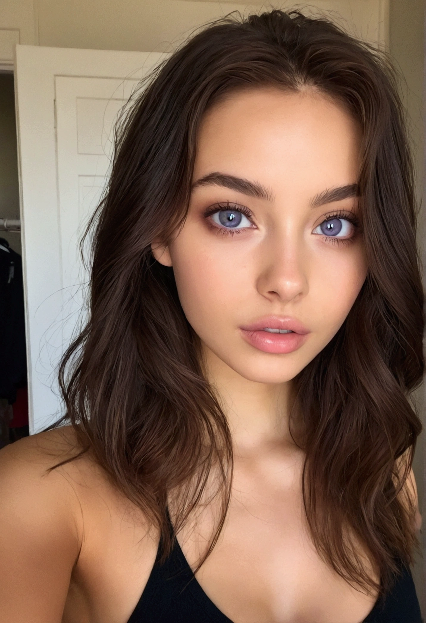 arafed, femme, à, vêtements noirs, fille sexy aux yeux marrons, grand , Portrait Sophie Mudd, cheveux bruns et grands yeux, selfie d&#39;une jeune femme, yeux de la chambre, violette myers, sans maquillage, maquillage naturel, regarder directement la caméra, ferme ta bouche, a l&#39;air séduisant, visage avec artgram, maquillage subtil, superbe photo de tout le corps, dans la chambre, clivage, lèvre pulpeuse