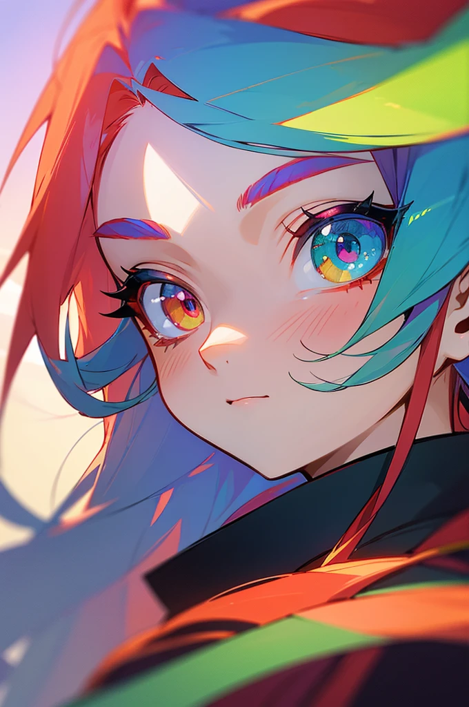 ((best quality)), ((masterpiece)), (detailed), perfect face, tradional sky blue kimono, multicolored hair, long hair, split half red hair and other half blond hair, hair behind ear, multicolored eyes, heterochromia, emerald green eye and deep violet eye, anime, anime, anime style, 8k, super detail