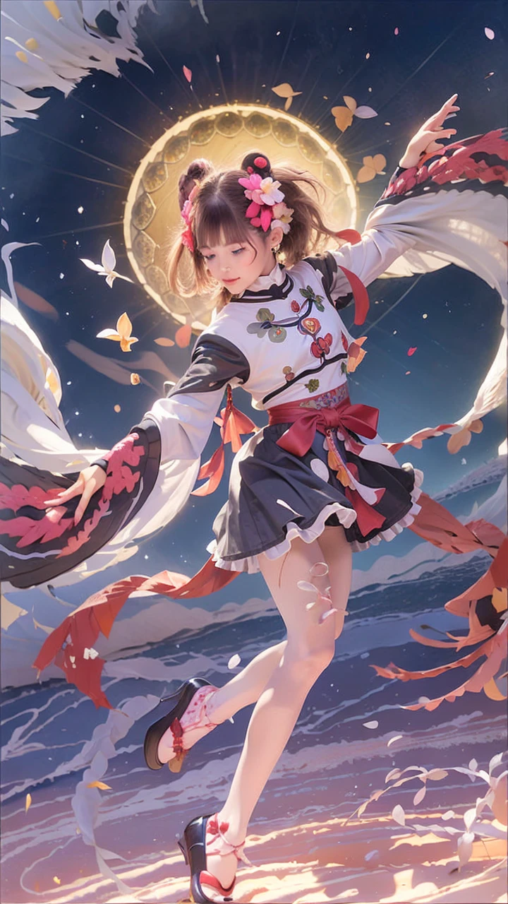 Long pink hair and double ponytail,The pupils of the eyes sparkle,Heterochromia,girl holding flowers,Petal texture depicted,sandbeach,Blue sky,baiyun,Light wind,jumpping,Carefully depicted multicolored feathers,ultra HD wallpaper,