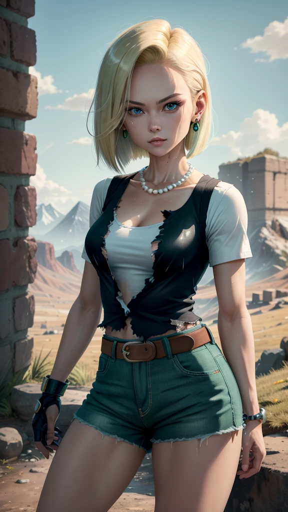 best quality, highres, and18, 1girl, android 18, solo girl, 1girl, blonde hair, blue eyes, belt, green jeans, pearl necklace, bracelets, black gloves, white shirt, short hair, short sleeves, earrings, green pants, open vest, black vest, short orange socks, black school shoes, showing armpits and pussy half naked, cowboy shot, mountains, straight-on, wet shirt, sexy, combat stance, battle ruins, wide hips, thick legs, torn clothes, closed fists,