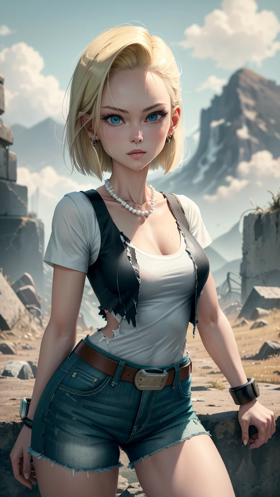 best quality, highres, and18, 1girl, android 18, solo girl, 1girl, blonde hair, blue eyes, belt, green jeans, pearl necklace, bracelets, black gloves, white shirt, short hair, short sleeves, earrings, green pants, open vest, black vest, short orange socks, black school shoes, showing armpits and pussy half naked, cowboy shot, mountains, straight-on, wet shirt, sexy, combat stance, battle ruins, wide hips, thick legs, torn clothes, closed fists,
