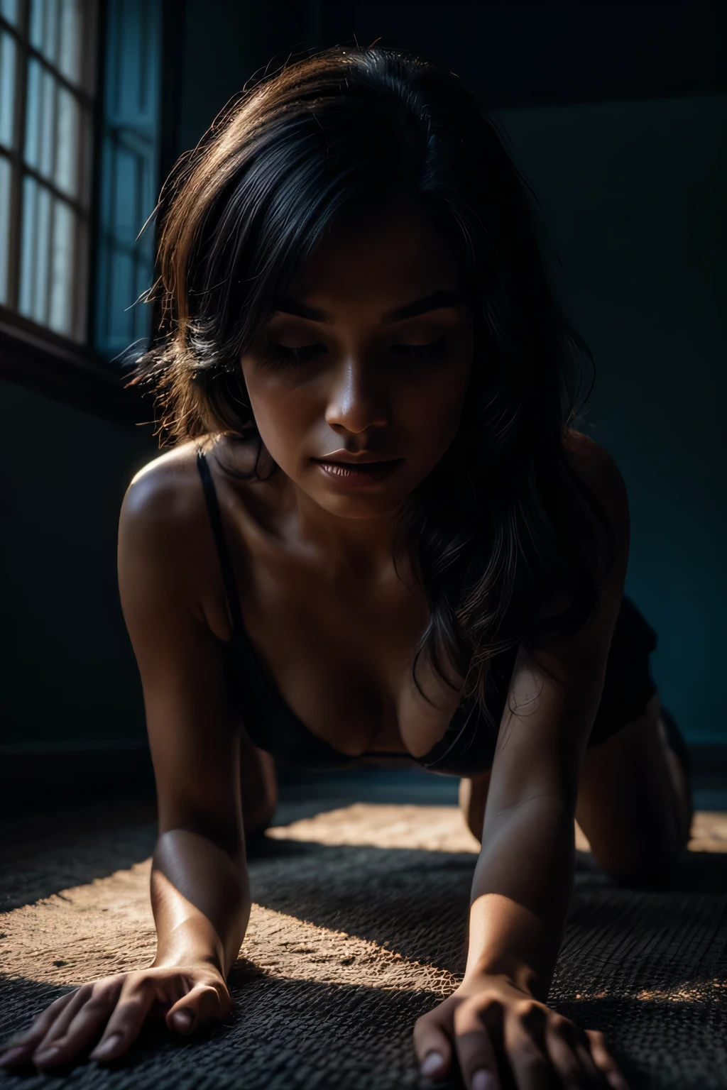 woman in the position on all fours. 4K resolution captures every detail, from the texture of the dress's fabric to the delicate play of shadows and light on the skin. vivid, emotionally charged moment. portrait, perfect faces