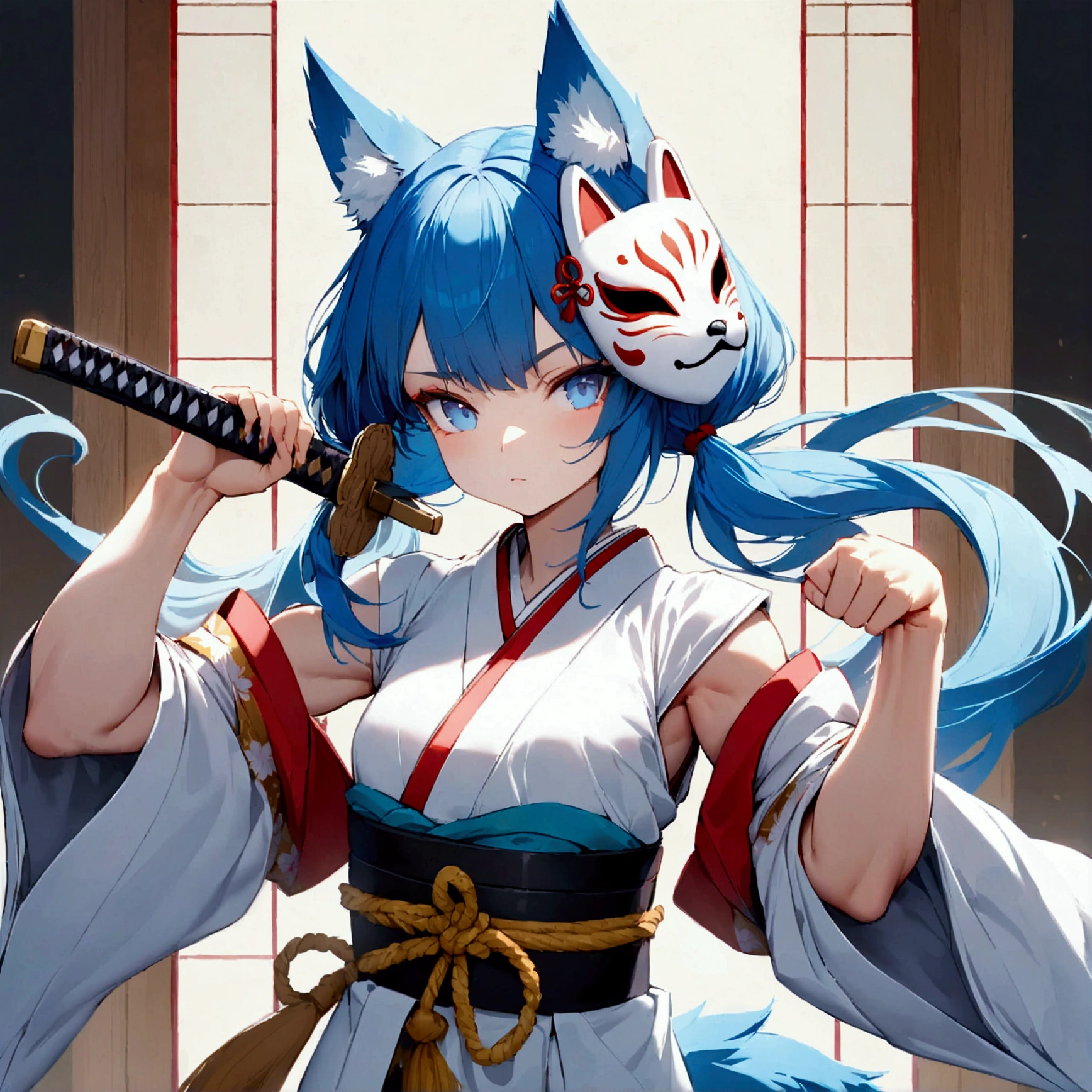 cute young girl, blue hair, long twintail hair, light blue eyes, fox ears, fox tail, muscular body, small breast, japanese outfit, fight with katana pose, fox mask