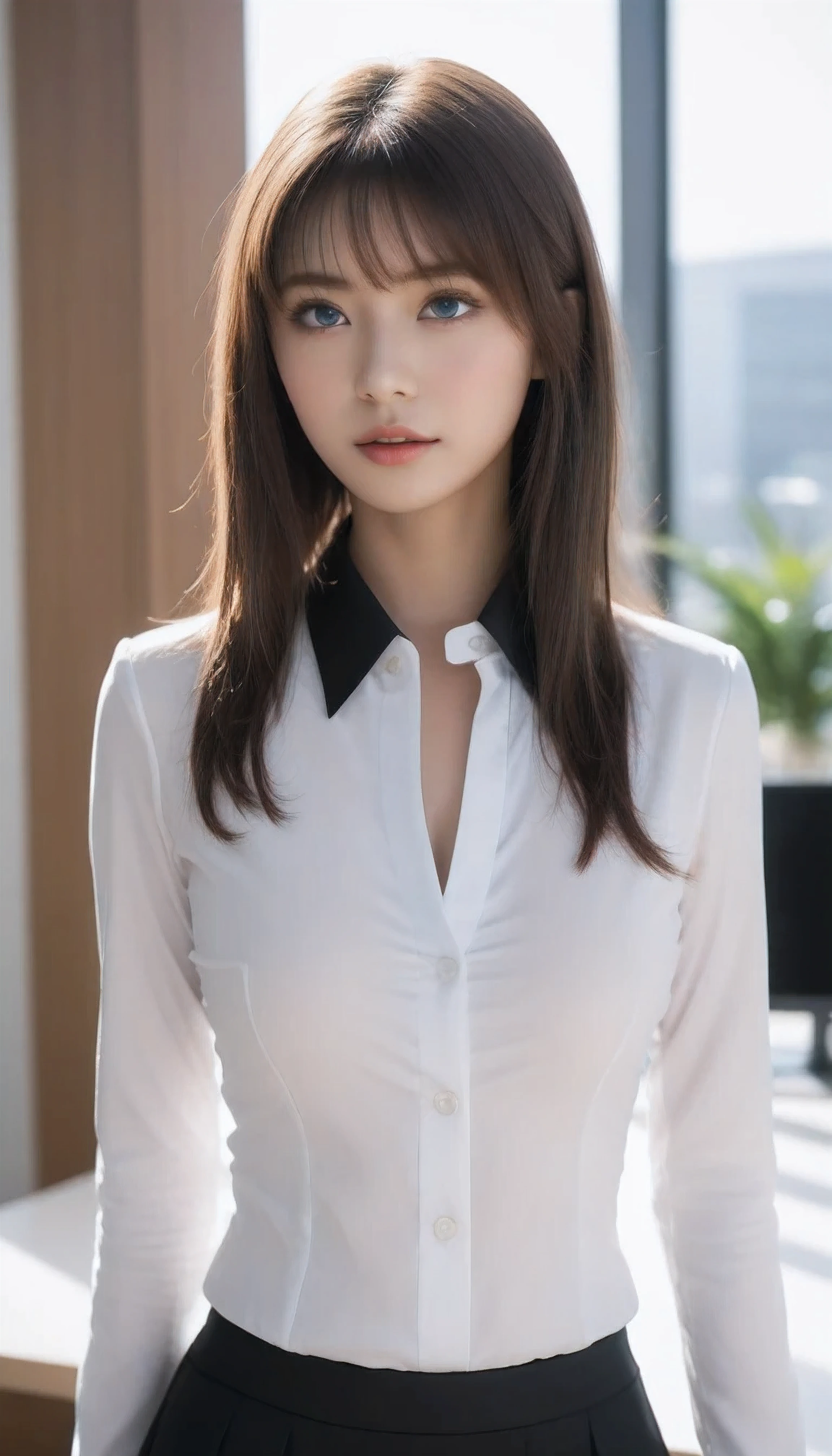 (upper body:1.4),(Wearing a black business suit:1.5), kur1, 1girl, solo, alone, solo,(ultra-highest definition, masterpiece, ultra-highest quality:1.4), (ultra-highest resolution, , 8K, UHD:1.4),(Hyper-realistic, Photo-realistic:1.4), (Supermodel body:1.3),looking at viewer,((Photograph the entire head)),(Firm skin:1.6),((Natural skin, smooth skin, fine skin)), ((Big eyes)), (Big centerpieces) ,toned body, chiseled body,(long sleeve black tight tailored jacket, black tight skirt: 1.3), (White collared shirt:1.3), Computer, Bright office environment, Lots of office desks, Large windows