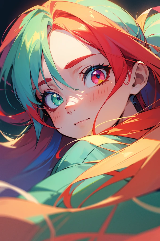 ((best quality)), ((masterpiece)), (detailed), perfect face, tradional sky blue kimono, multicolored hair, long hair, split half red hair and other half blond hair, hair behind ear, multicolored eyes, heterochromia, emerald green eye and deep violet eye, anime, anime, anime style, 8k, super detail