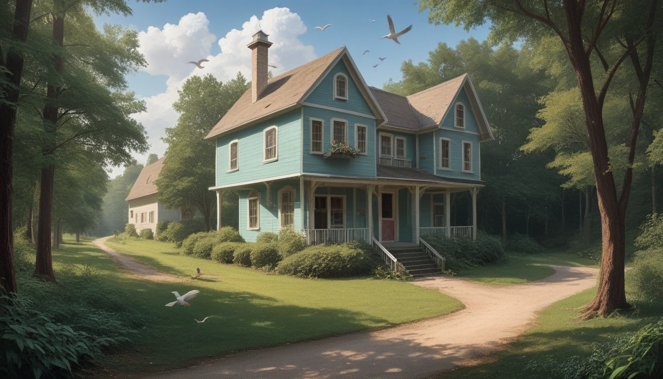 a small boy standing next to his elderly grandmother in a simple village house, many trees surrounding, blue sky, many birds flying and sitting on trees, detailed photo, hd, hyperrealistic, photorealistic, masterpiece, 8k, real world, natural lighting, warm tones, soft focus, depth of field, intricate details, charming countryside scene