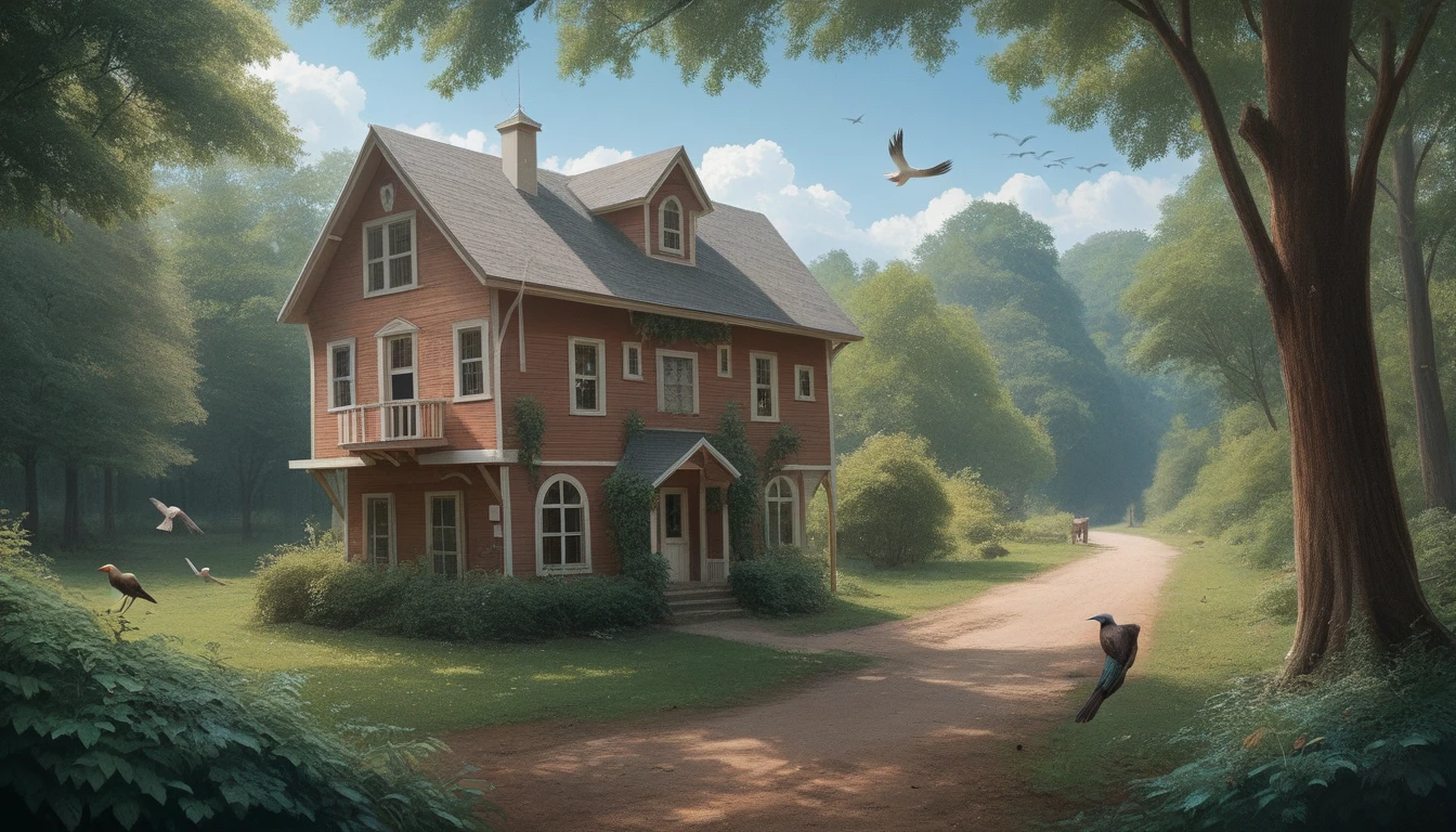 a small boy standing next to his elderly grandmother in a simple village house, many trees surrounding, blue sky, many birds flying and sitting on trees, detailed photo, hd, hyperrealistic, photorealistic, masterpiece, 8k, real world, natural lighting, warm tones, soft focus, depth of field, intricate details, charming countryside scene