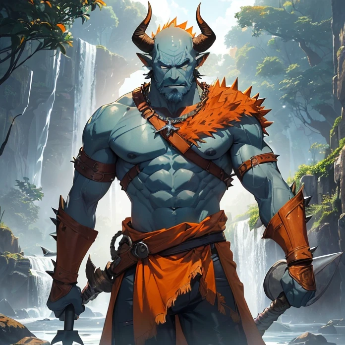 High Resolution, Masterpiece, HD, High Quality, Backlighting, Overexposure, Optical Illusion, Silhouette,
Anime Style, Digital Art, Multiple Views,
{{((1gamorrean warrior: (greyish-blue skin, ugly face, wrinkled features, prominent eyebrows, prominent jaw, prominent jaw sharp tusks, yak horns, bald head without hair, long spiky brown beard, blue eyes, muscular arms, hands with 2 fingers and 2 tumbs, flat nose, slender legs, calm gentle smile), (chest belts with iron buttons over the cuirass, orange leather pants, brown cuirass, blue leather boots, iron knee pads, iron shoulder plates, green necklace),(standing in deffensive combat pose, single handed orange spiked-mace), (orange leaf trees, green waterfall, dawn morning))}}