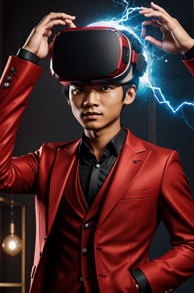 Create an image featuring a magical boy in a red suit, embodying the essence of a modern Burmese alchemist. He is wearing a VR device.