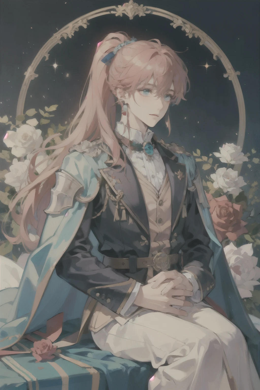 ((Highest quality)), ((masterpiece)), (detailed), Rose-colored hair、Long-haired ponytail、Earrings、Turquoise Eyes、Beautiful Youth、Magic Knight、noble、Beautiful Youth、male、Men、Rose colored hair、Wizard、Cape