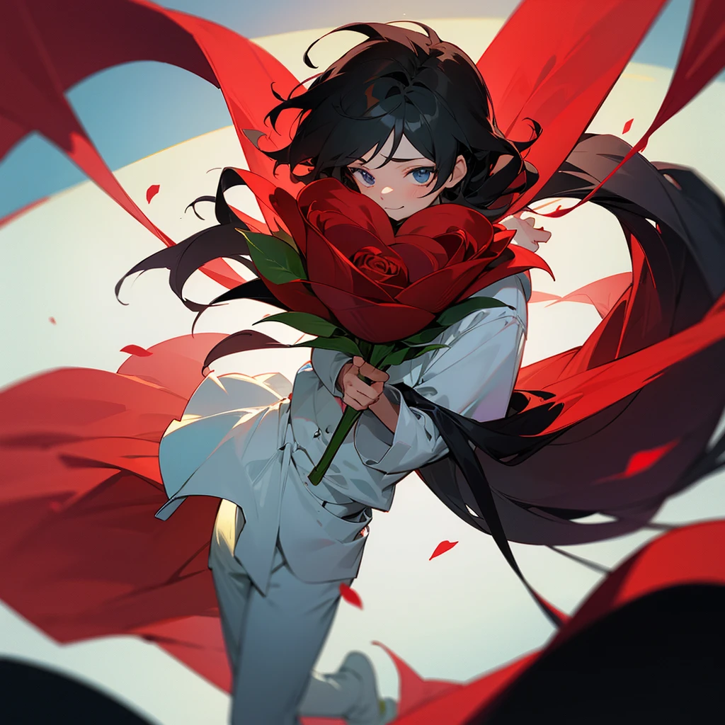 A , Single, Alone, Having thick hair, Holding a red rose, A small smile full of gratitude