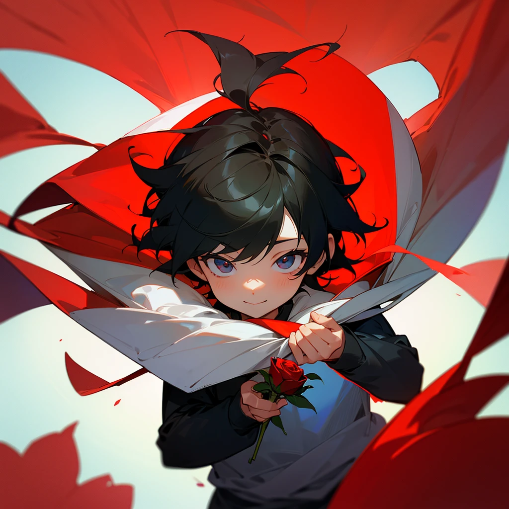 A little boy, Single, Alone, Having thick hair, Holding a red rose, A small smile full of gratitude 