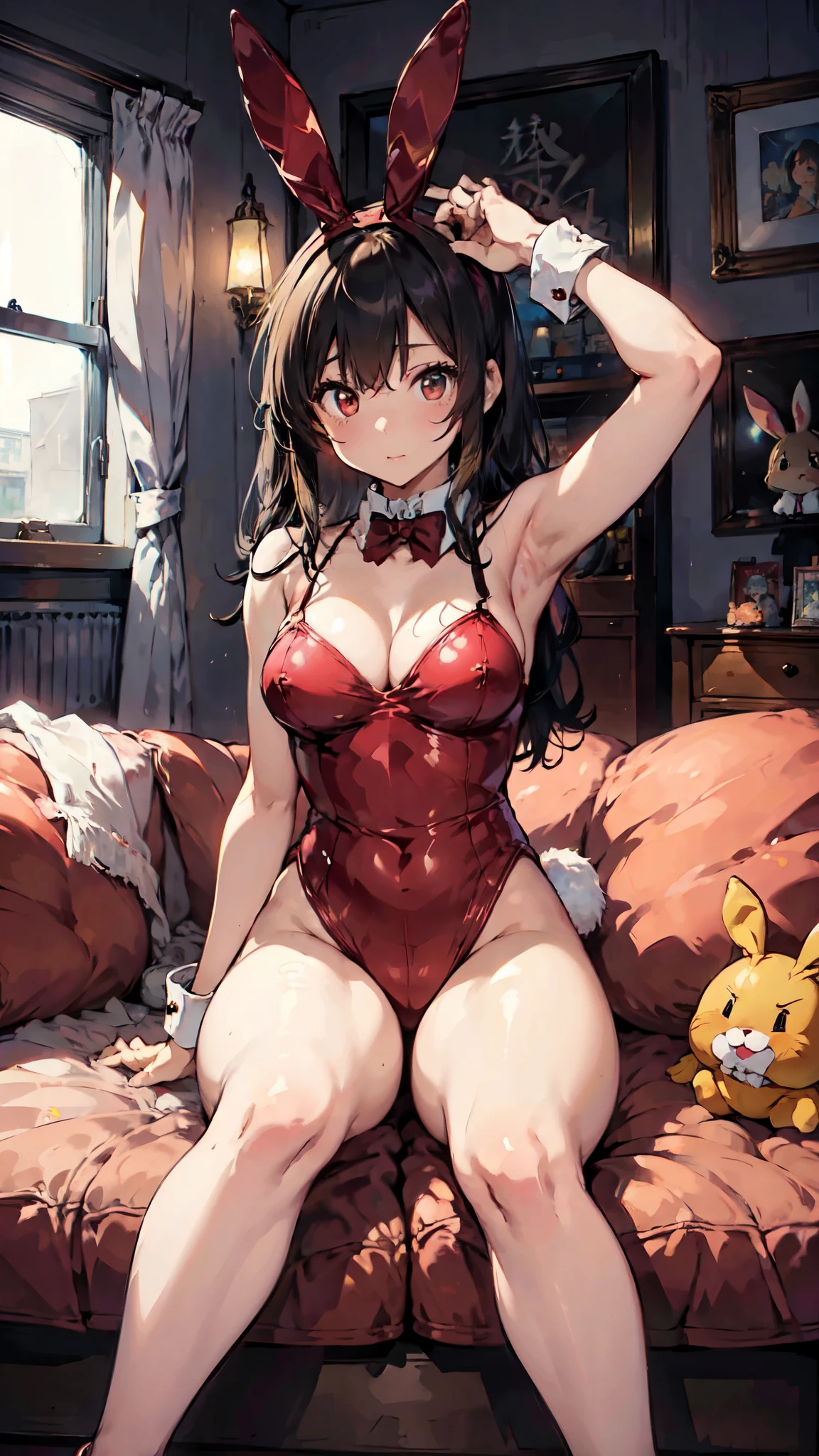Women in strip clubs、Strip Club Lights、(Wearing a rabbit costume:1.3)、Red clothes、
Good move、4K、High resolution、masterpiece、Highest quality、頭w:1.3、((Hasselblad Photos))、Fine skin、Sharp focus、(Cinematic lighting)、Soft lighting、Dynamic Angle、[:(Detailed face:1.2):0.2]、huge 、(((Sit on the sofa with your legs apart、Bend your knees and open your legs)))