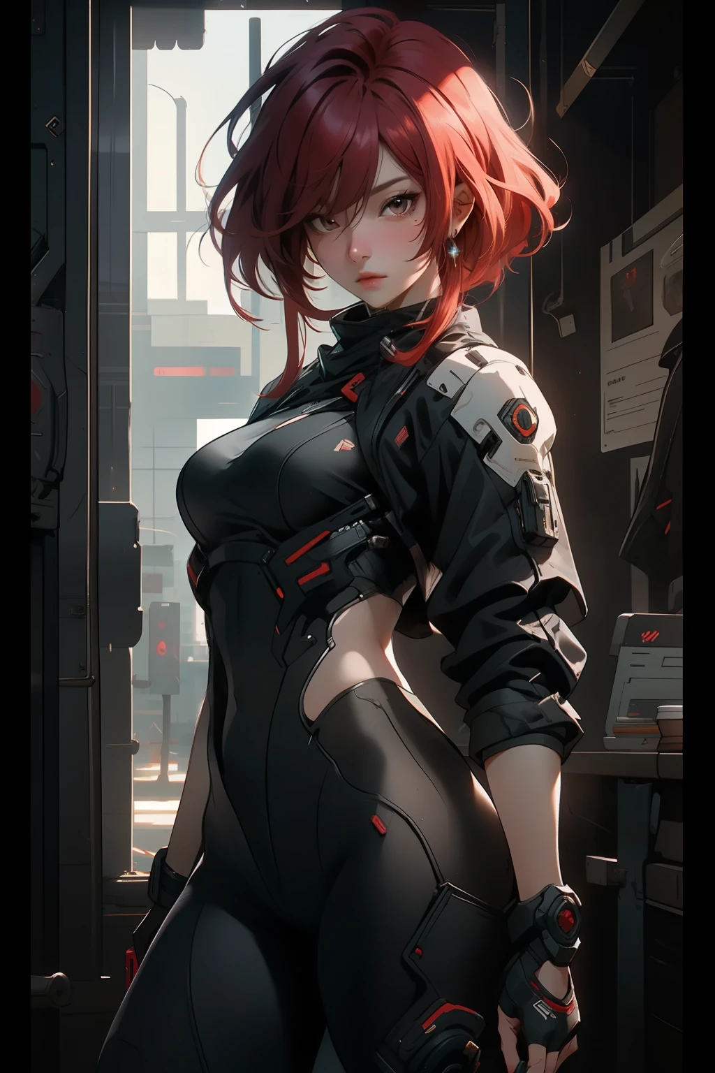 ((best quality)), ((Masterpiece)), (details:1.4), 3d, Image of a beautiful cyberpunk woman., HDR (high dynamic range), mature woman, Curtain Bangs, RED hair, white eyes, SWAT uniform, PBR surface, After processing, Anisotropic filtration,depth of field, Maximum clarity and clarity, multi-layered surface, perfect proportions, 8K raw files, cyberpunk, at night, ผมหลายชั้น, กระโปรงสั้น, natural lighting, soft lighting, sunlight, หน้าอกใหญ่,