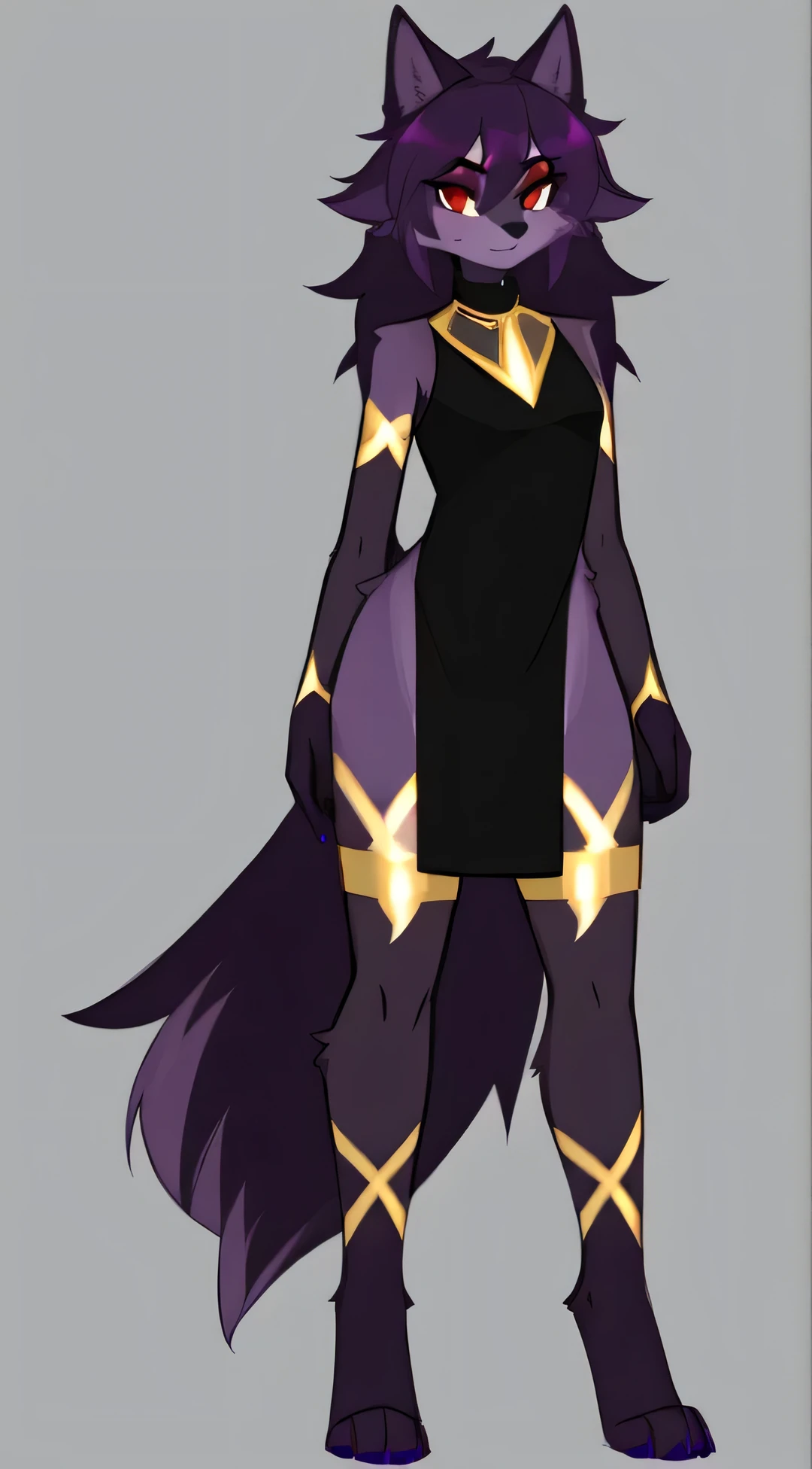 a purple wolf furry with gold markings, uploaded on e621, female, red eyes, attractive, anthro, messy hair, alone, standing, full body, refined attitude, refsheet, thin, tall, big
