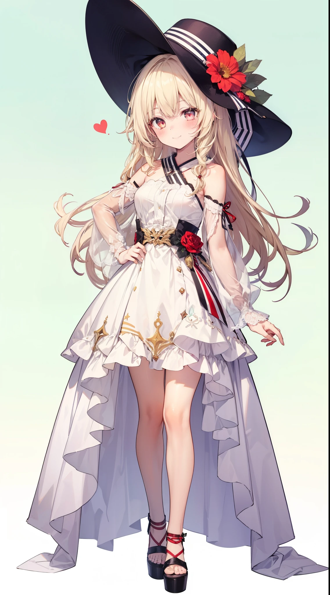 Full body,A young woman with light blonde long hair and crimson eyes is standing facing forward and wearing a hat. One girl, red eyes, alone, smiling, green background, blush, background, bangs, facing forward, ブーツを履いている,standing