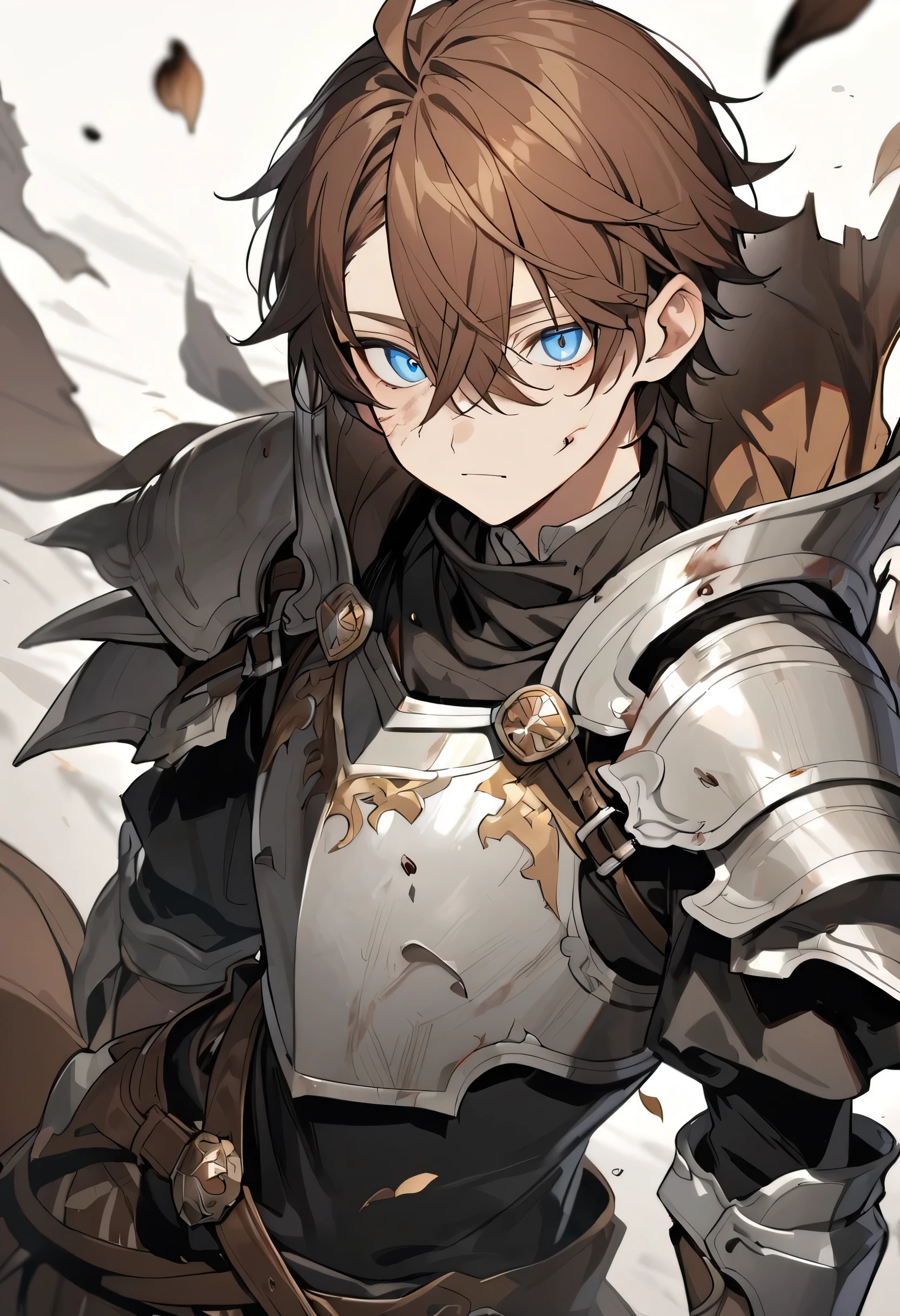 15 year old boy, with blue eyes, chestnut hair, piebald and with beaten leather armor