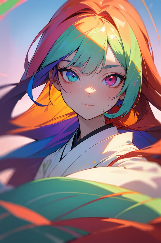 ((best quality)), ((masterpiece)), (detailed), perfect face, tradional sky blue kimono, multicolored hair, long hair, split half red hair and other half blond hair, hair behind ear, multicolored eyes, heterochromia, emerald green eye and deep violet eye, anime, anime, anime style, 8k, super detail