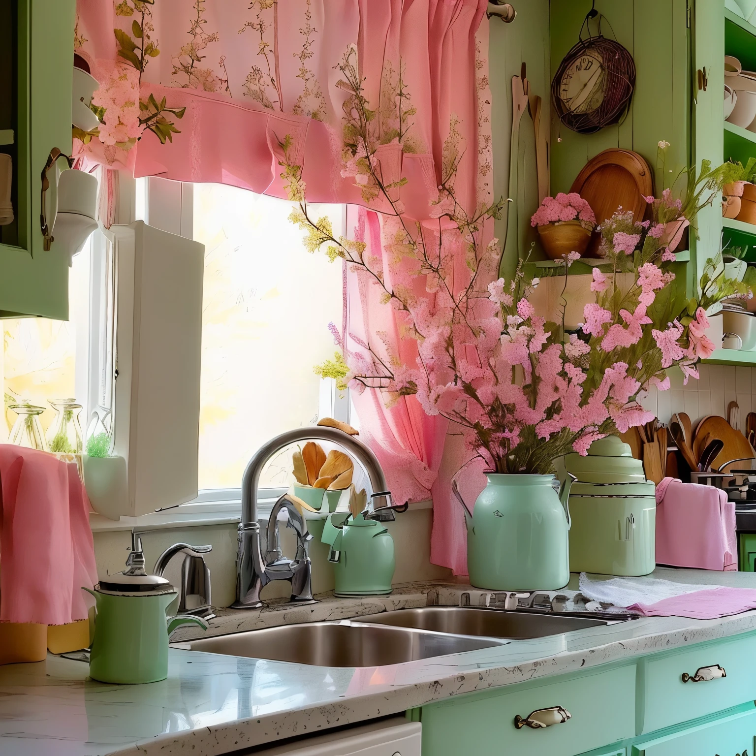 has a kitchen with a sink and a window with a pink curtain, cottagecore!!, homemade hippie, cottagecore, lovely pastel colors, decorated with flowers, with colorful flowers and plants, turquoise pink and green, pink and green, very pretty pastel colors, nature and floral aesthetics, cute kitchen, green and pink, pastel pop