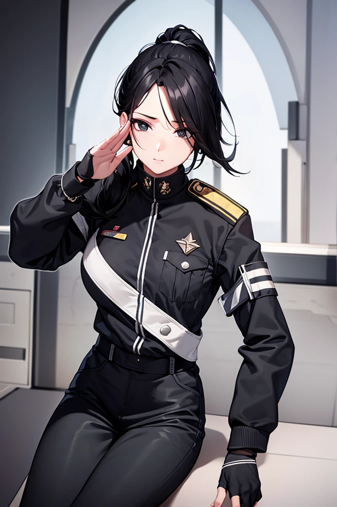 Beautiful images,Official image,One Woman,Beautiful black hair,Beautiful and detailed black eyes,ponytail,Beautiful five fingers,Ergonomically correct hand,Black Combat Officer Uniform,Black boots,stand,Salute