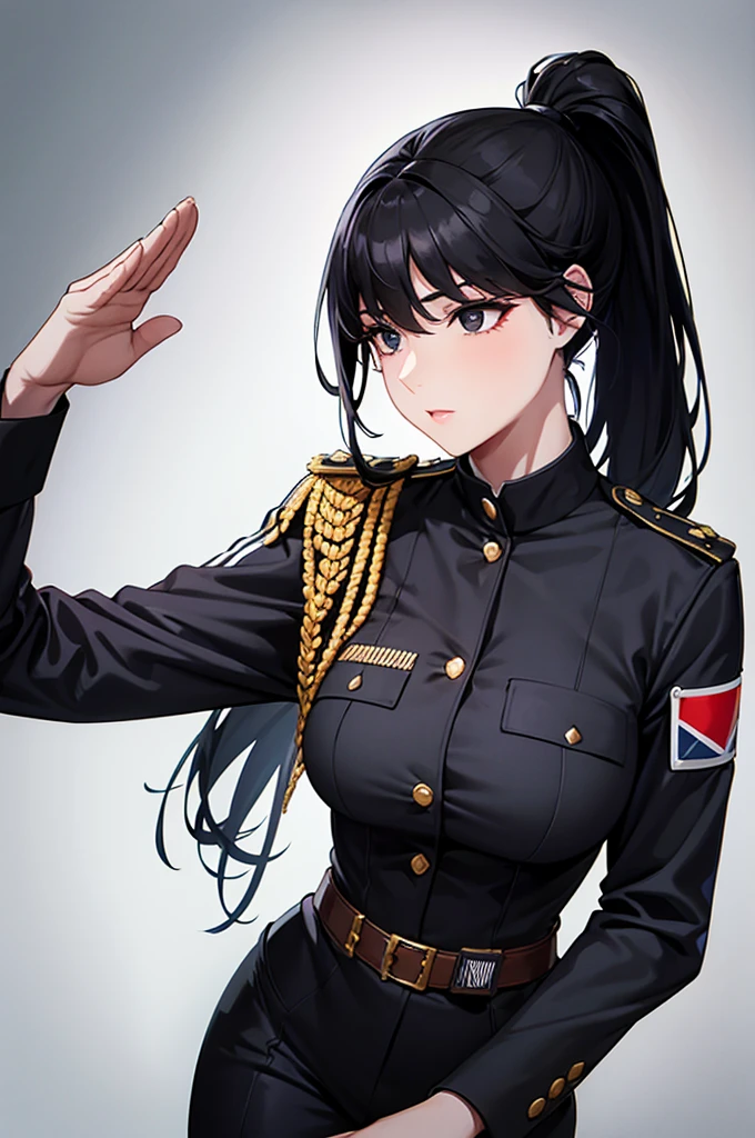 Beautiful images,Official image,One Woman,Beautiful black hair,Beautiful and detailed black eyes,ponytail,Beautiful five fingers,Ergonomically correct hand,Black Combat Officer Uniform,Black boots,stand,Salute