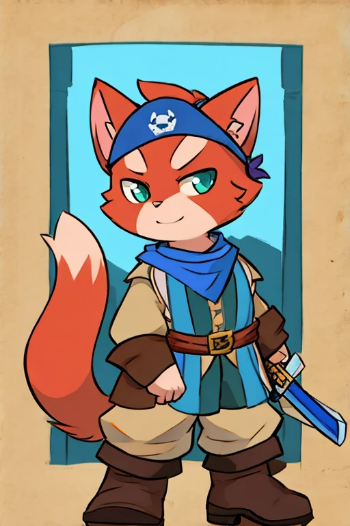 red cat, with blue bandana on his head, with a sword, pirate
