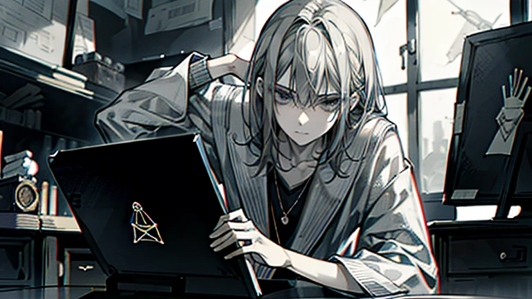 the poster has a person sitting on a row of dice and some text that reads that there is something, dice, solo, monochrome, 1boy, male focus, greyscale, sitting, official illustration, detailed fanart, style of tarot, highest detail，very detailed，Hyper detail，small parts，white shirt，Exquisite facial features，detailed faces and eyes，sharp students，realistic student，