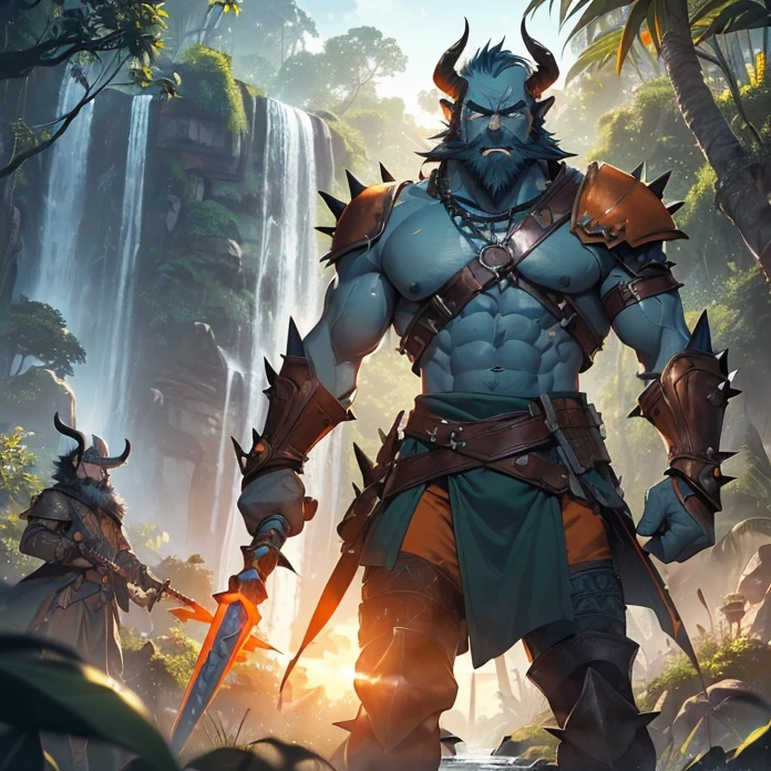 High Resolution, Masterpiece, HD, High Quality, Backlighting, Overexposure, Optical Illusion, Silhouette,
Anime Style, Digital Art, Multiple Views,
{{((1bugbear warrior: (greyish-blue skin, ugly face, wrinkled features, prominent eyebrows, prominent jaw, prominent jaw sharp tusks, yak horns, bald head without hair, long spiky brown beard, blue eyes, muscular arms, hands with 2 fingers and 2 tumbs, flat nose, slender legs, open mouth roaring, angry face), (chest belts with iron buttons over the cuirass, orange leather pants, brown cuirass, blue leather boots, iron knee pads, iron shoulder plates, green necklace),(standing in deffensive combat pose, single handed orange spiked-mace), (orange leaf trees, green waterfall, dawn morning))}}