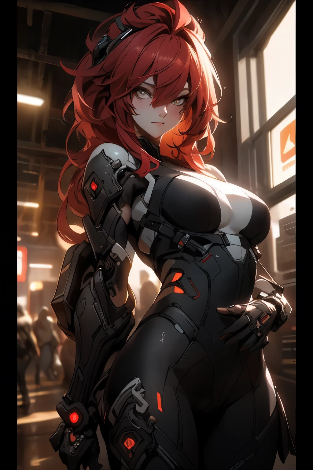 ((best quality)), ((Masterpiece)), (details:1.4), 3d, Image of a beautiful cyberpunk woman., HDR (high dynamic range), mature woman, Curtain Bangs, RED hair, white eyes, SWAT uniform, PBR surface, After processing, Anisotropic filtration,depth of field, Maximum clarity and clarity, multi-layered surface, perfect proportions, 8K raw files, cyberpunk, at night, ผมหลายชั้น,  กระโปรงสั้น, natural lighting, soft lighting, sunlight, หน้าอกใหญ่,