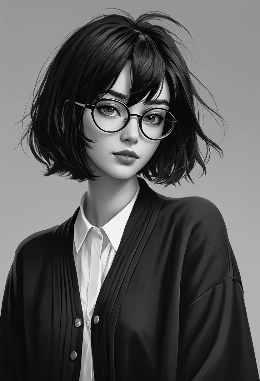 score_9, score_8_up, score_7_up, score_6_up, score_5_up, score_4_up, BREAK greyscale, 1girl, (black hair:1.2), bob cut, short hair, tomboy, black eyes, (black mouth mask:1.1), long eyelashes, half-closed eyes, (eyewear:1.1), black choker, messy hair, (asymmetrical hair:1.2), adult, mature, black eyeliner, ear piercing, BREAK solo, standing, wave, big breasts, adult, broad shoulders, tall, white collared shirt, long sleeves, cardigan, open cardigan, black pleated skirt, black microskirt, black miniskirt, (black thighhighs:1.1), (shirt tucked in:1.1), black nails, skinny, BREAK white background, simple background,
