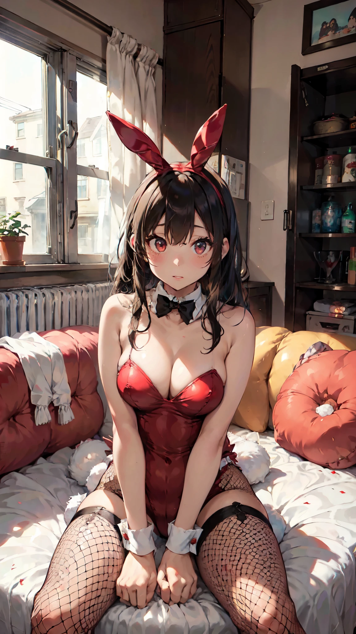 Women in strip clubs、Strip Club Lights、(Wearing a rabbit costume:1.3)、Red clothes、
Good move、4K、High resolution、masterpiece、Highest quality、頭w:1.3、((Hasselblad Photos))、Fine skin、Sharp focus、(Cinematic lighting)、Soft lighting、Dynamic Angle、[:(Detailed face:1.2):0.2]、huge 、(((Sit on the sofa with your legs apart、Bend your knees and open your legs)))、Fishnet tights、Big Breasts