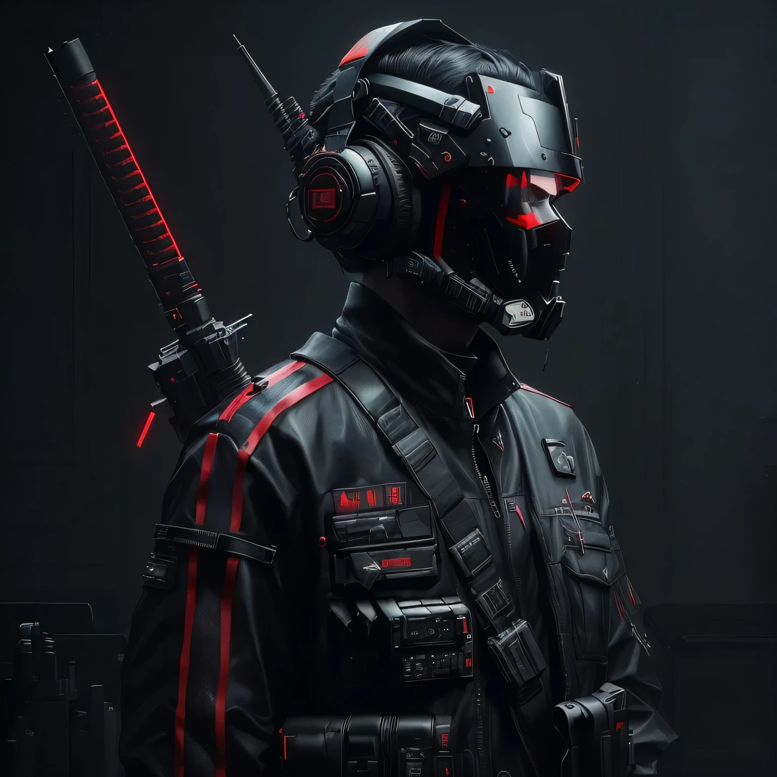 sharp-edged man in a black jacket with a red and black helmet and a pair of red and black headphones, cyberpunk soldier, soviet cyberpunk style, science fiction soldier, hiper-realistic cyberpunk style, futuristic soldier, muted cyberpunk style, militar imperial cyberpunk, Cyberpunk horror style, cyberpunk samurai, Wojtek FUS, modern cyberpunk, style of cyberpunk, has cyberpunk style